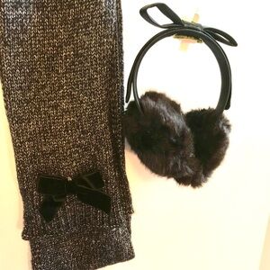 Kate Spade Black w Gold Accent Scarf and Black Faux Fur Earmuffs with Bow Accent